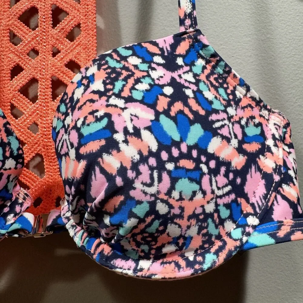 AERIE Womens Size 32B Tribal Pattern Racerback Bikini Top Coral Wired